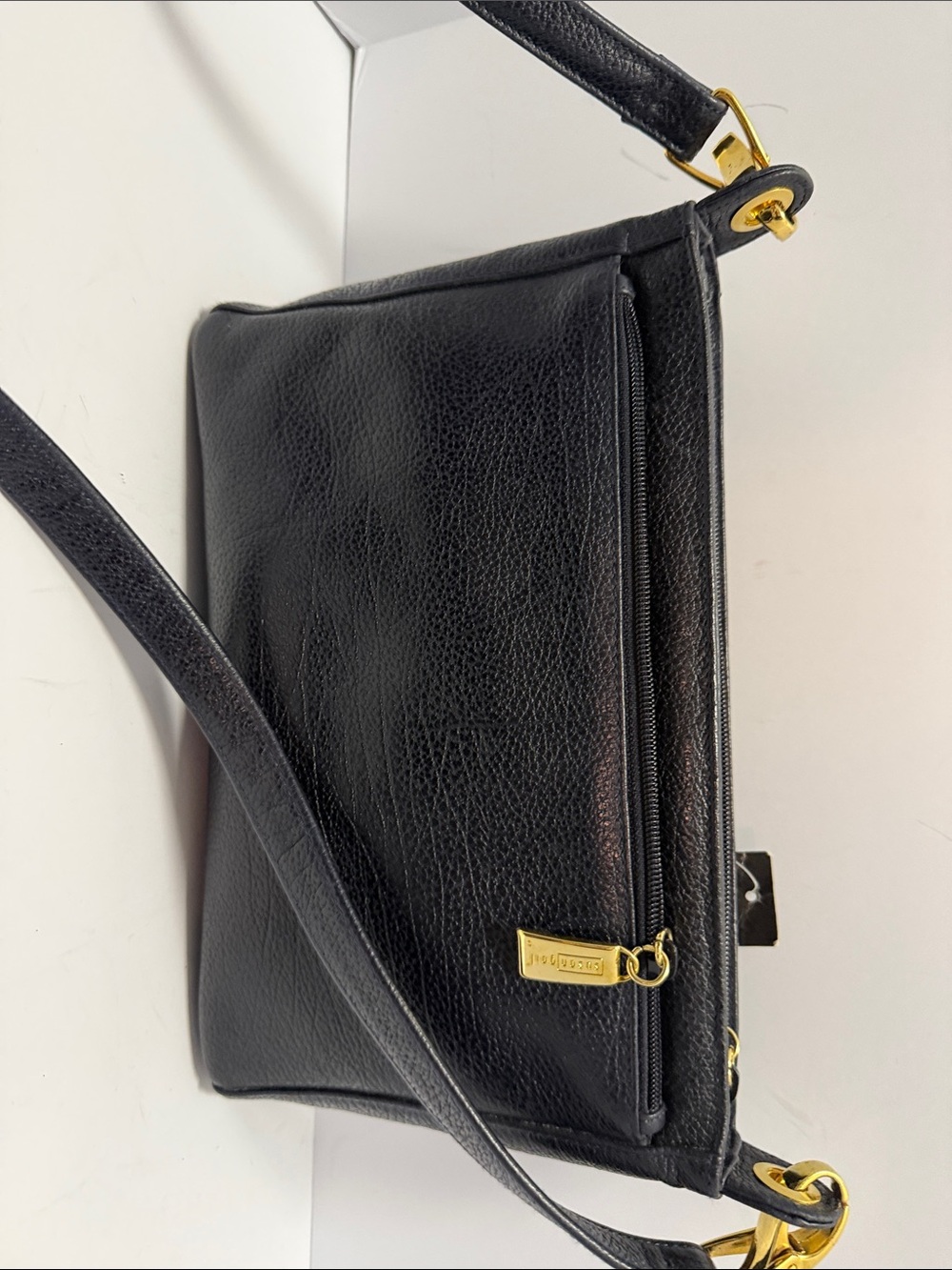 Susan Gail Navy Leather Shoulder Bag with Gold Accents